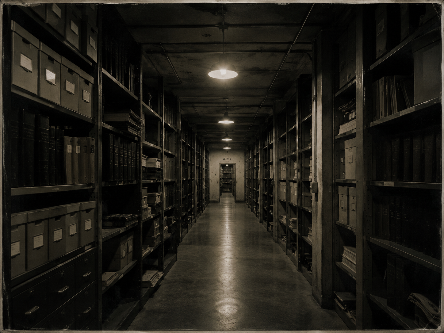 A narrow aisle between floor-to-ceiling metal shelving, filled with grey document boxes and dark binders, lit by bare bulbs.