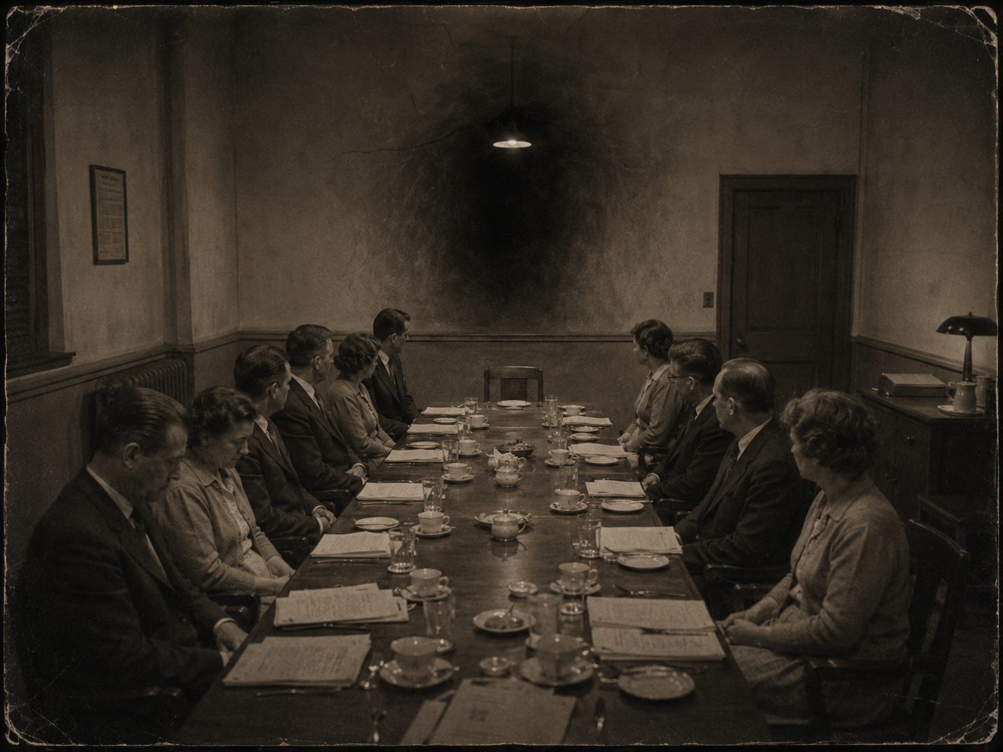 A long table under a single pendant lamp, twelve people seated along the two sides with papers and cups before them; the chair at the head of the table is empty, and the plaster above it is darkened.