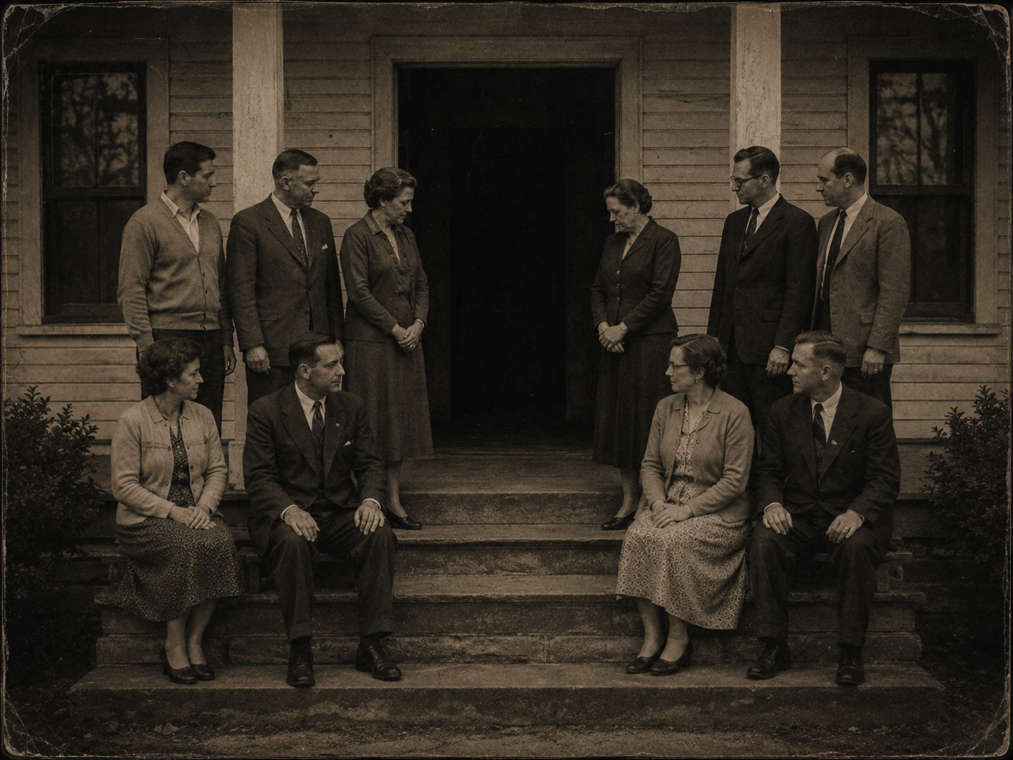 Ten people in day clothes arranged on the steps of a clapboard house, five to each side of the open front door; each of them is turned slightly away from the doorway, which is dark.