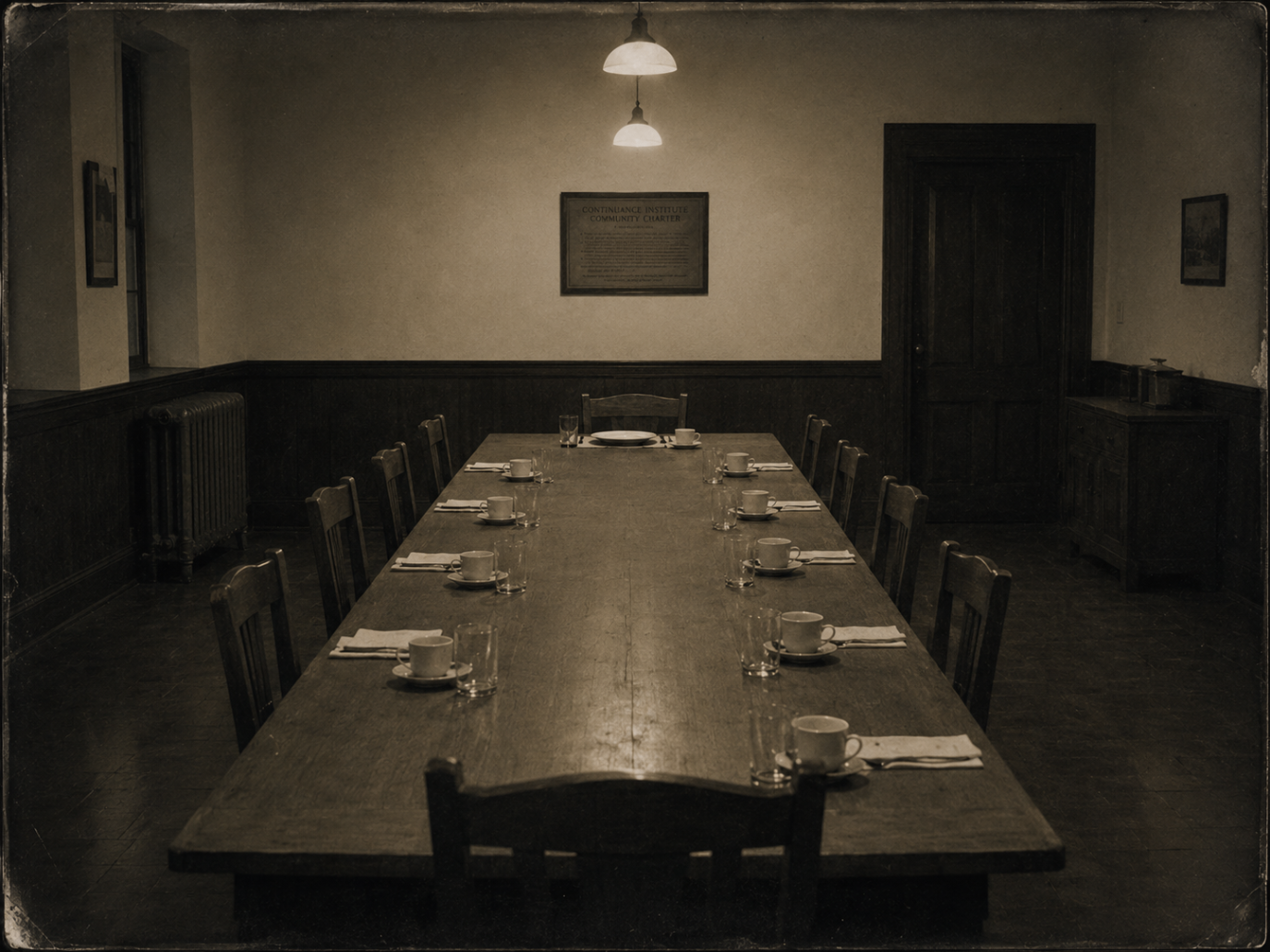 A long wooden table laid with white cups and saucers under two pendant lights, a framed community charter on the far wall.