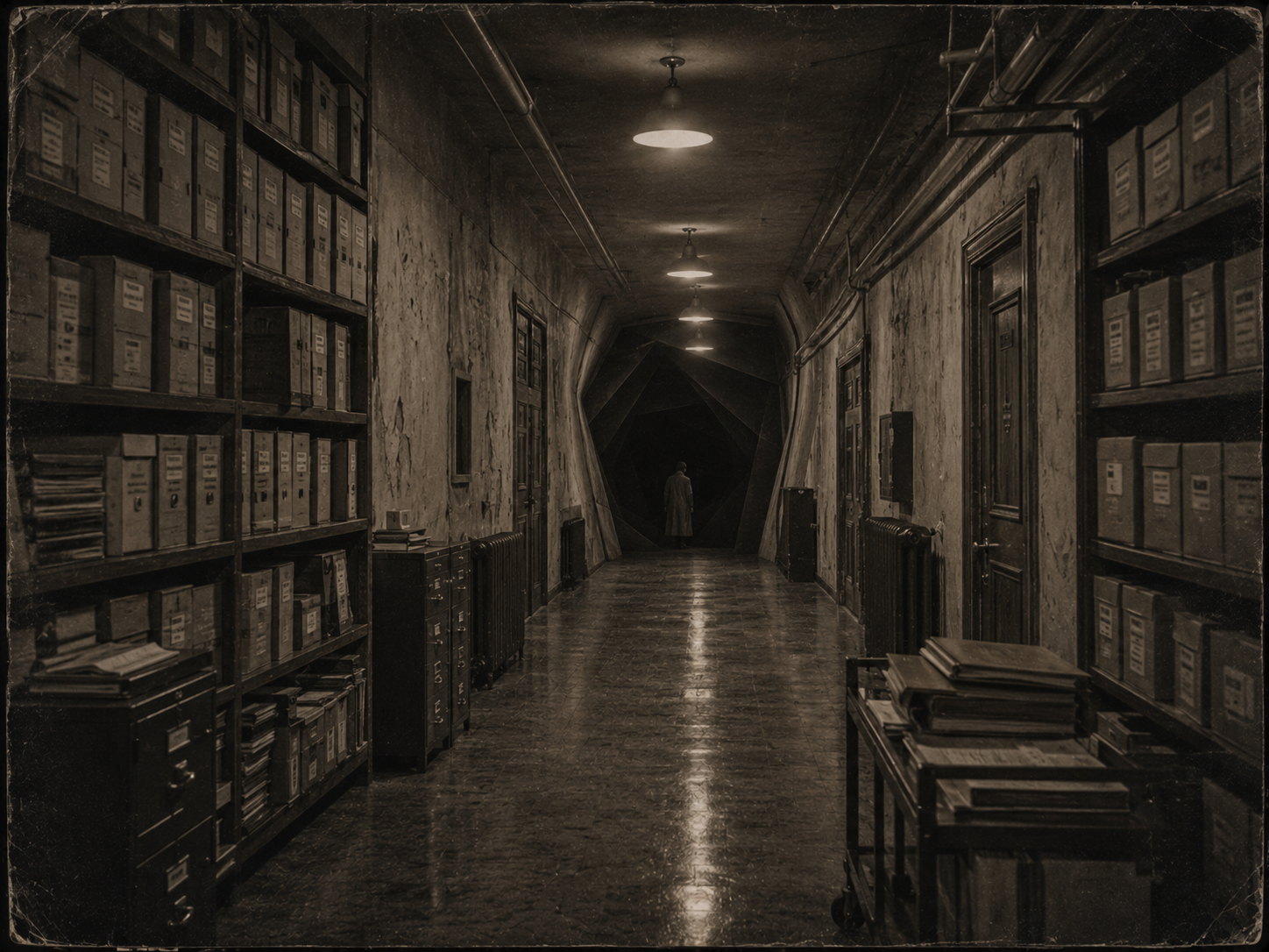 A basement corridor of the records store, shelved document boxes and filing cabinets along both walls, a figure in a pale coat standing at the far end where the passage narrows.