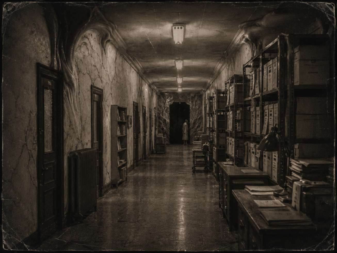 A grainy photograph of a dim corridor; pale branching forms spread across the walls and ceiling towards a lit doorway at the end.