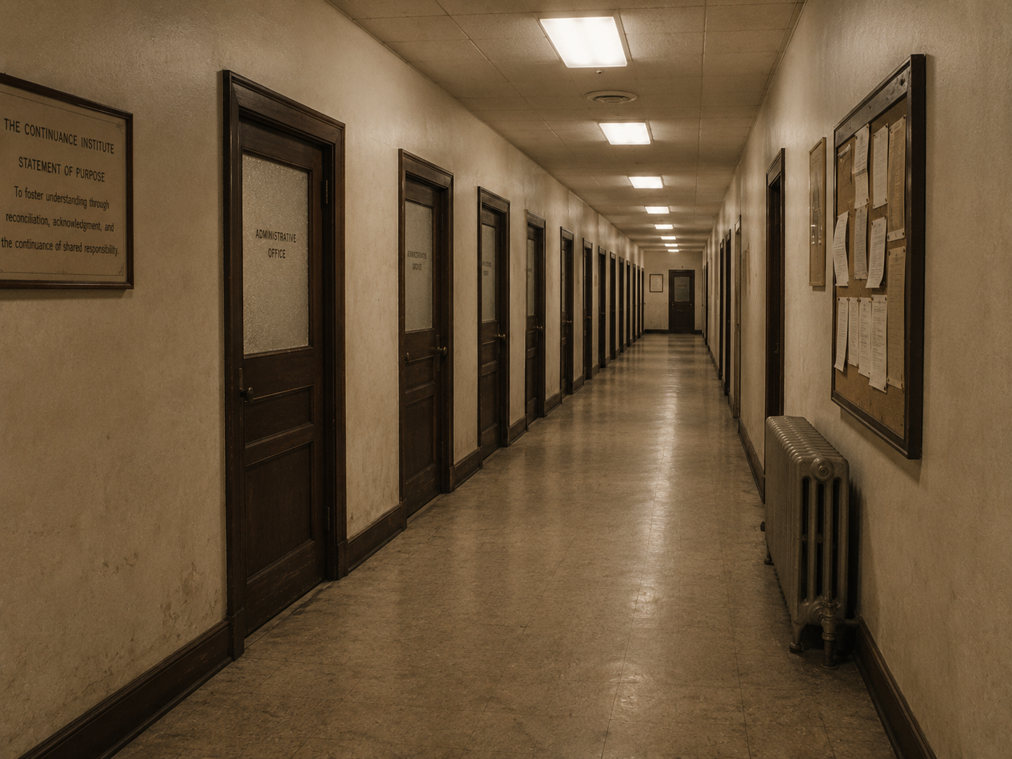 A long corridor of dark wood doors with frosted glass panels, one lettered Administrative Office, a noticeboard and a radiator along the right-hand wall.