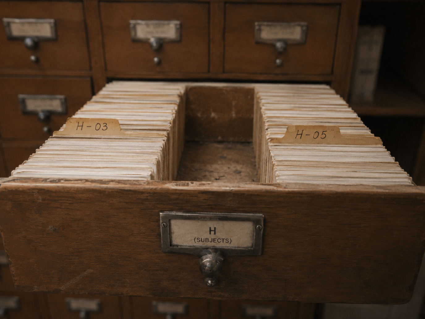 An open card catalogue drawer labelled H (subjects), with guide tabs for H-03 and H-05 and a space between them.