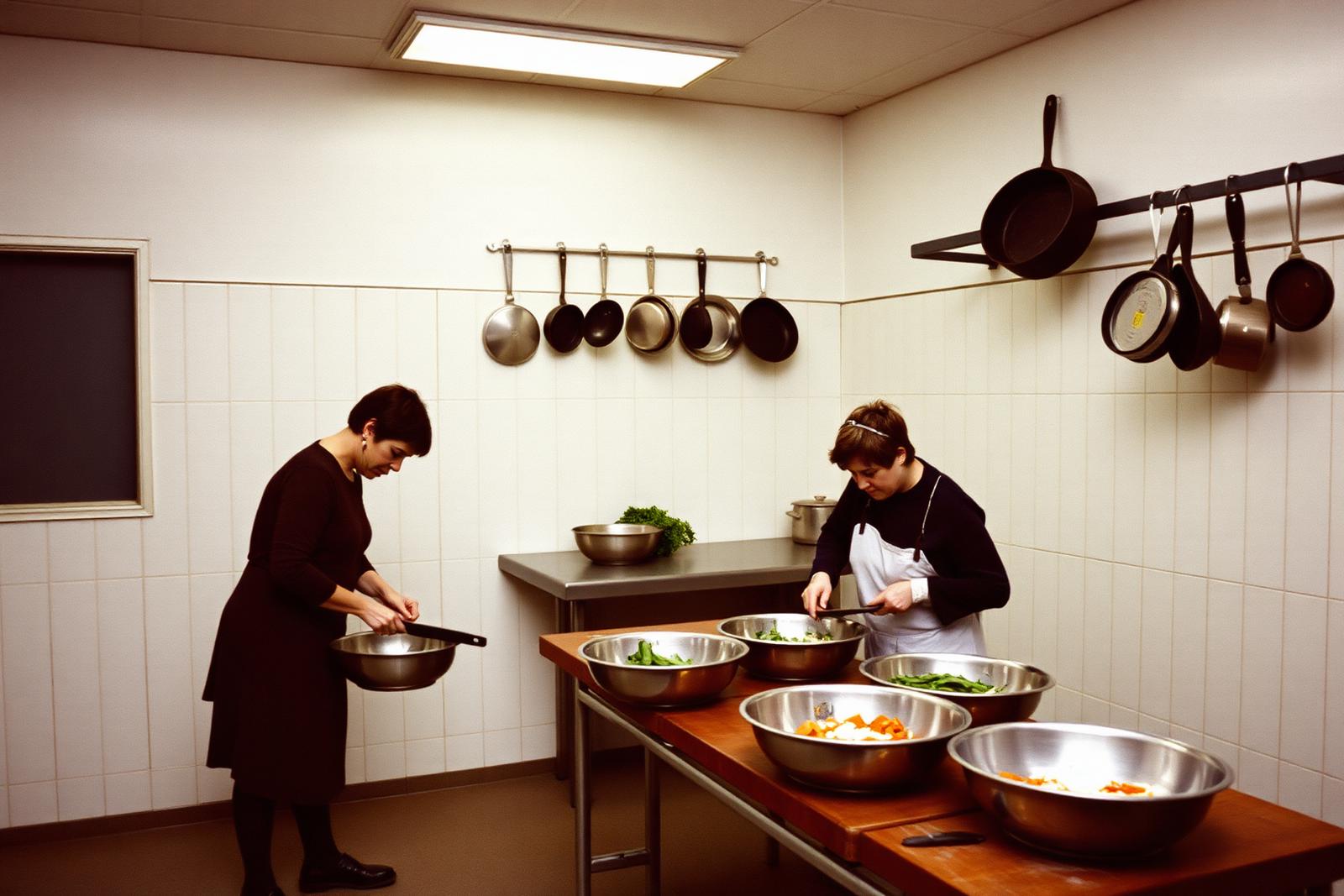 A large institutional kitchen with two people at a scrubbed wooden counter chopping vegetables into steel bowls.