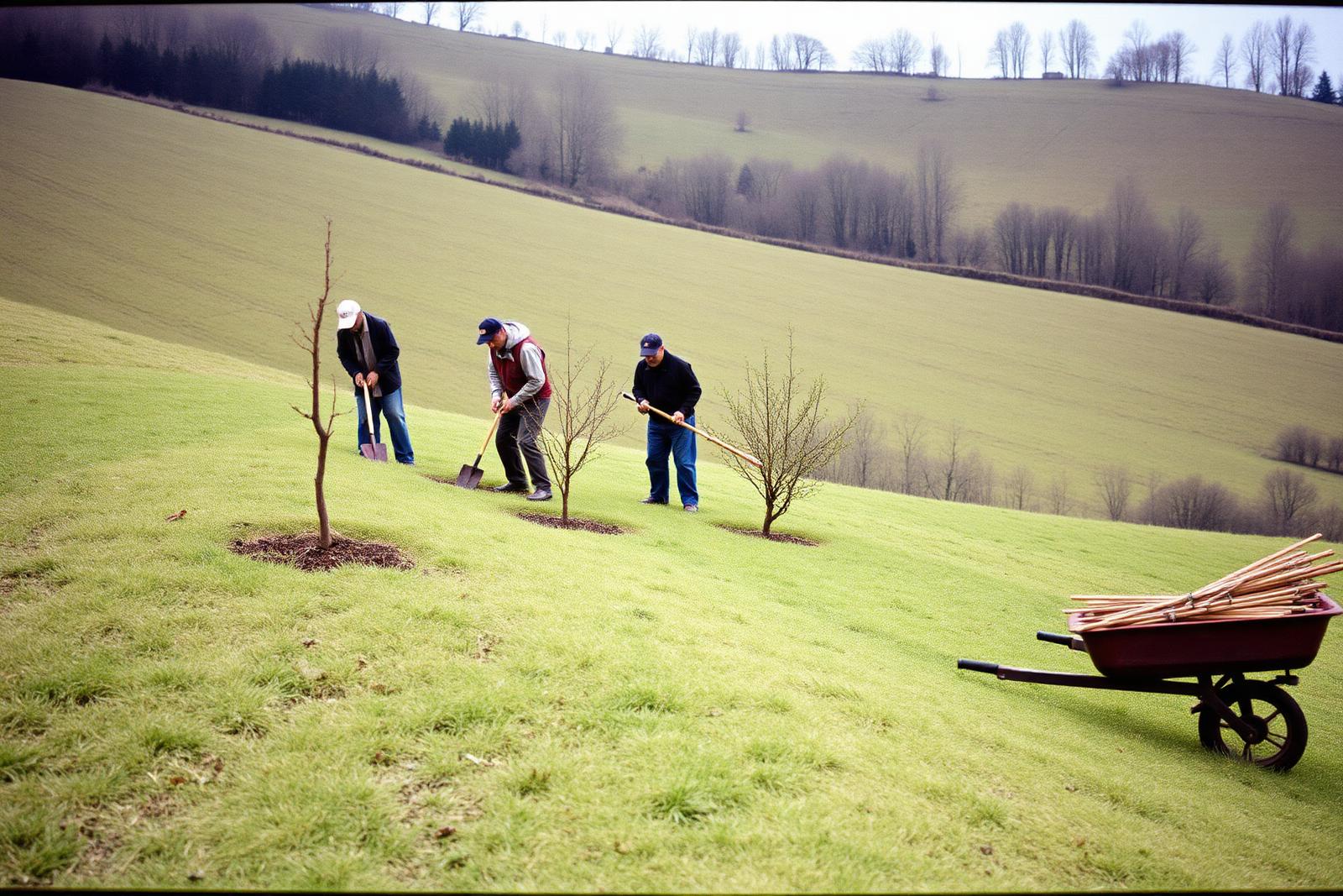 Four people in work clothes laying a hedge along a hillside fence line, bundles of cut stakes on the grass.