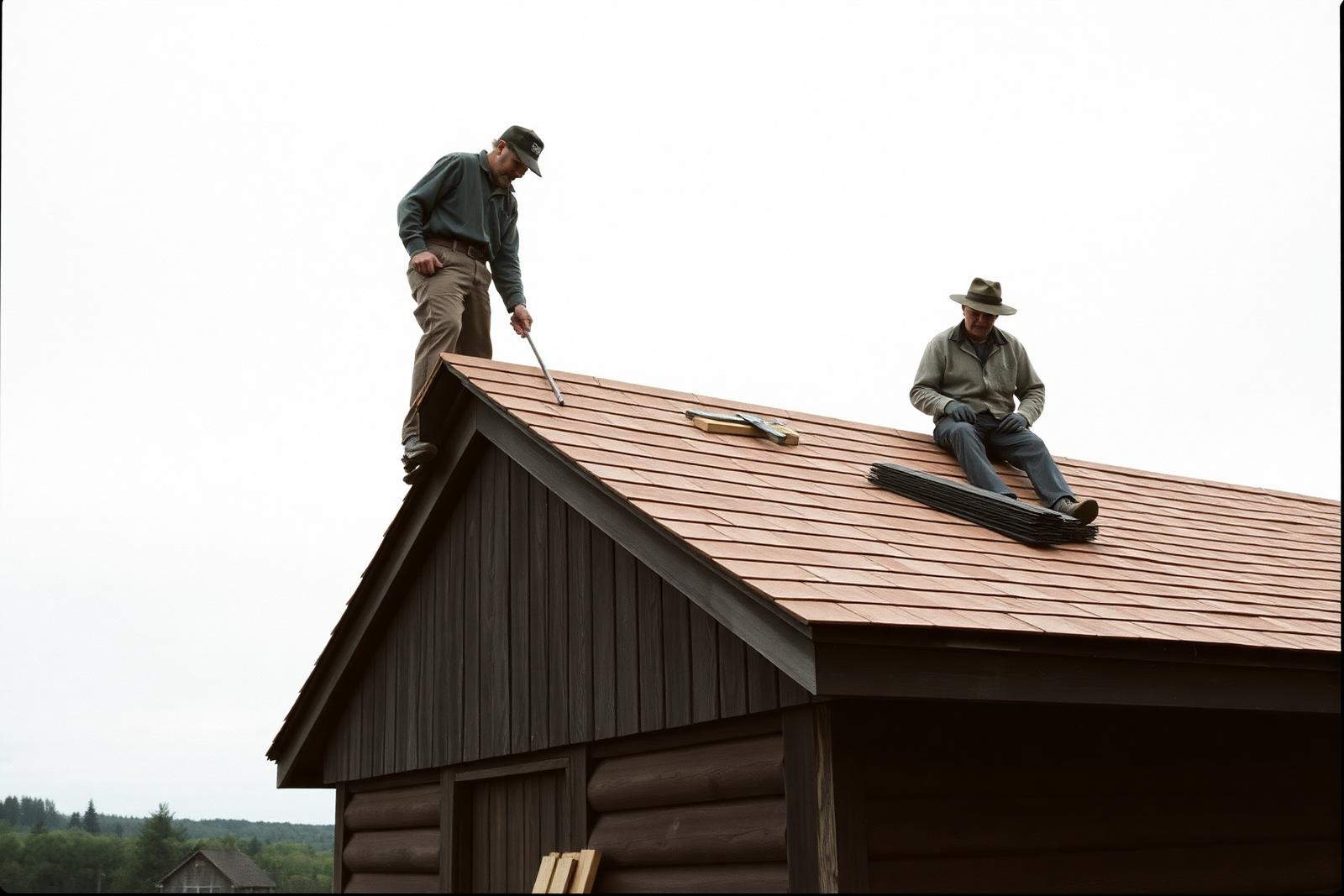 Three people on a low roof replacing wooden shingles, tools and a bundle of shingles beside them.