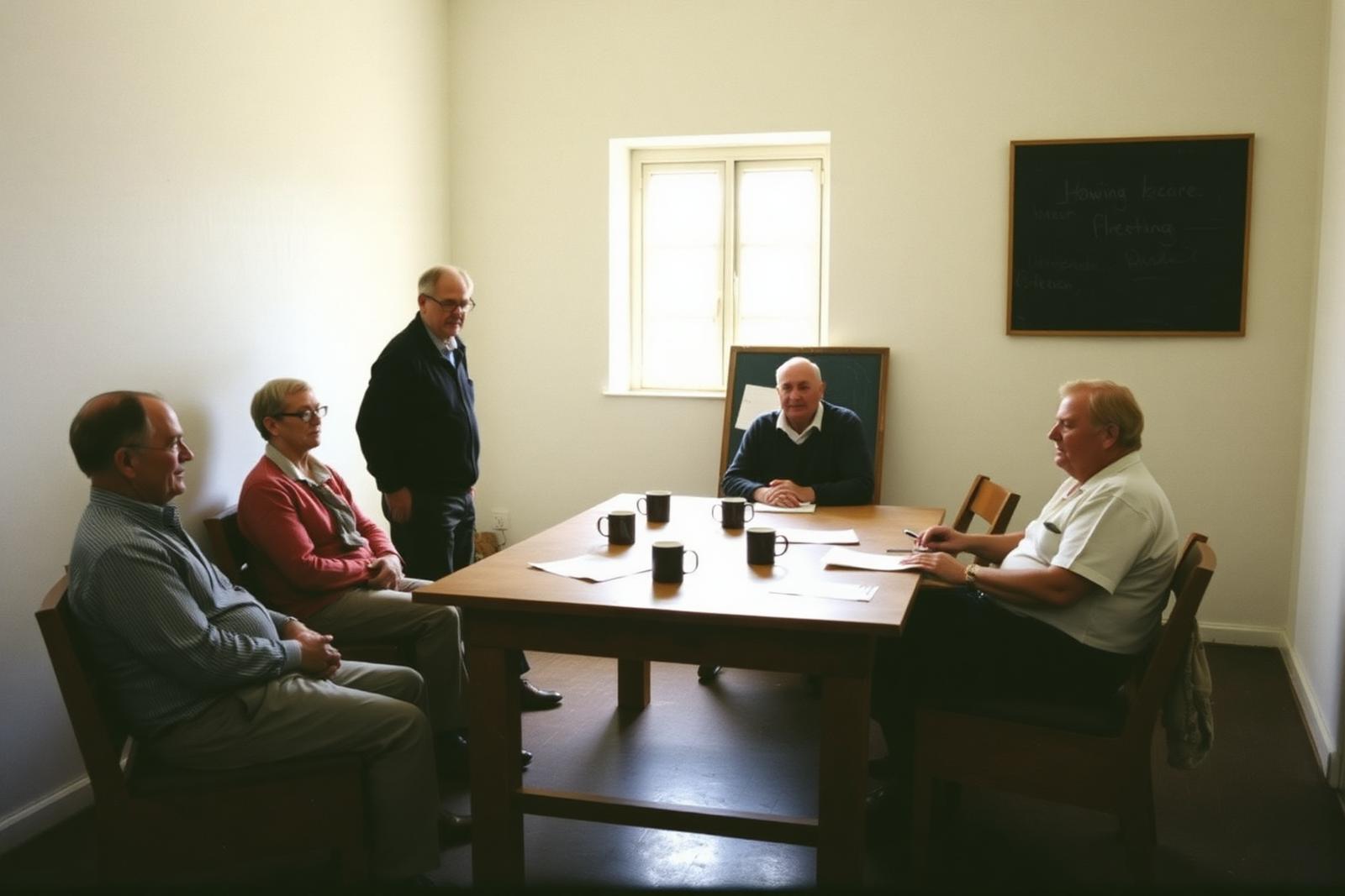 Six adults seated around a plain table in a whitewashed room, one standing at a blackboard with a chart of a river system.
