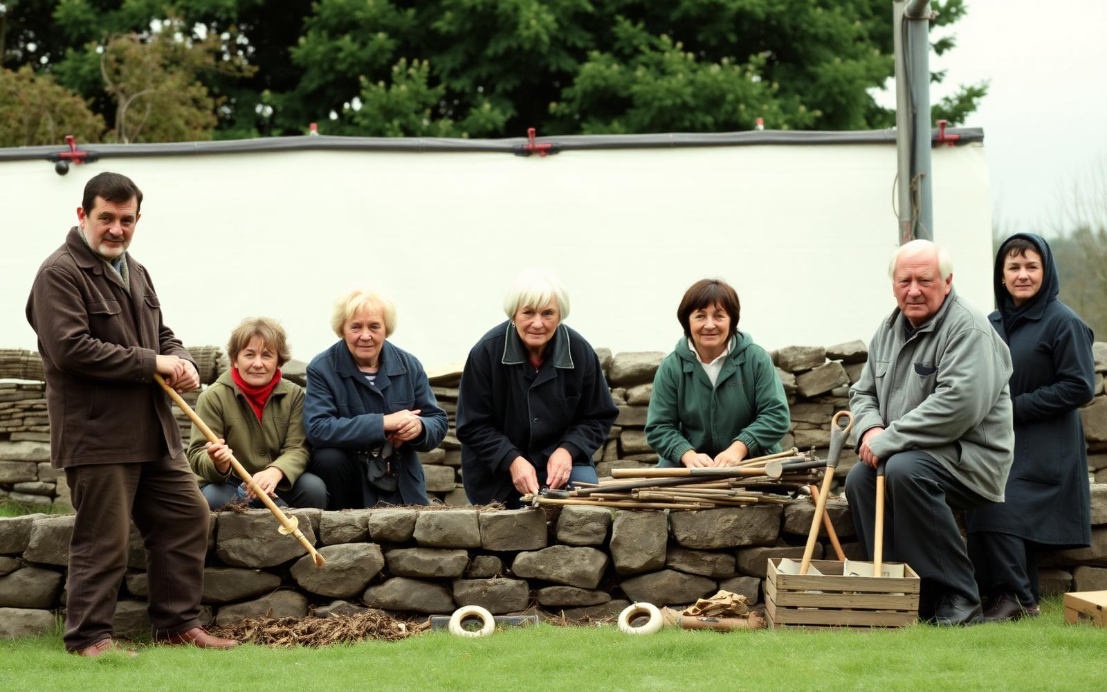 Members repairing a dry stone wall and sorting tools on an overcast day