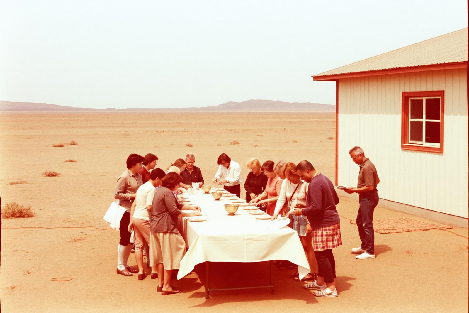 A group of about twenty adults setting a long table outdoors beside a low building, carrying plates and folded cloths; the photograph is faded and the horizon is featureless.